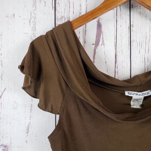 Espresso Blouse Womens Size Large Waterfall Short Sleeve Stretch Brown - Picture 3 of 6